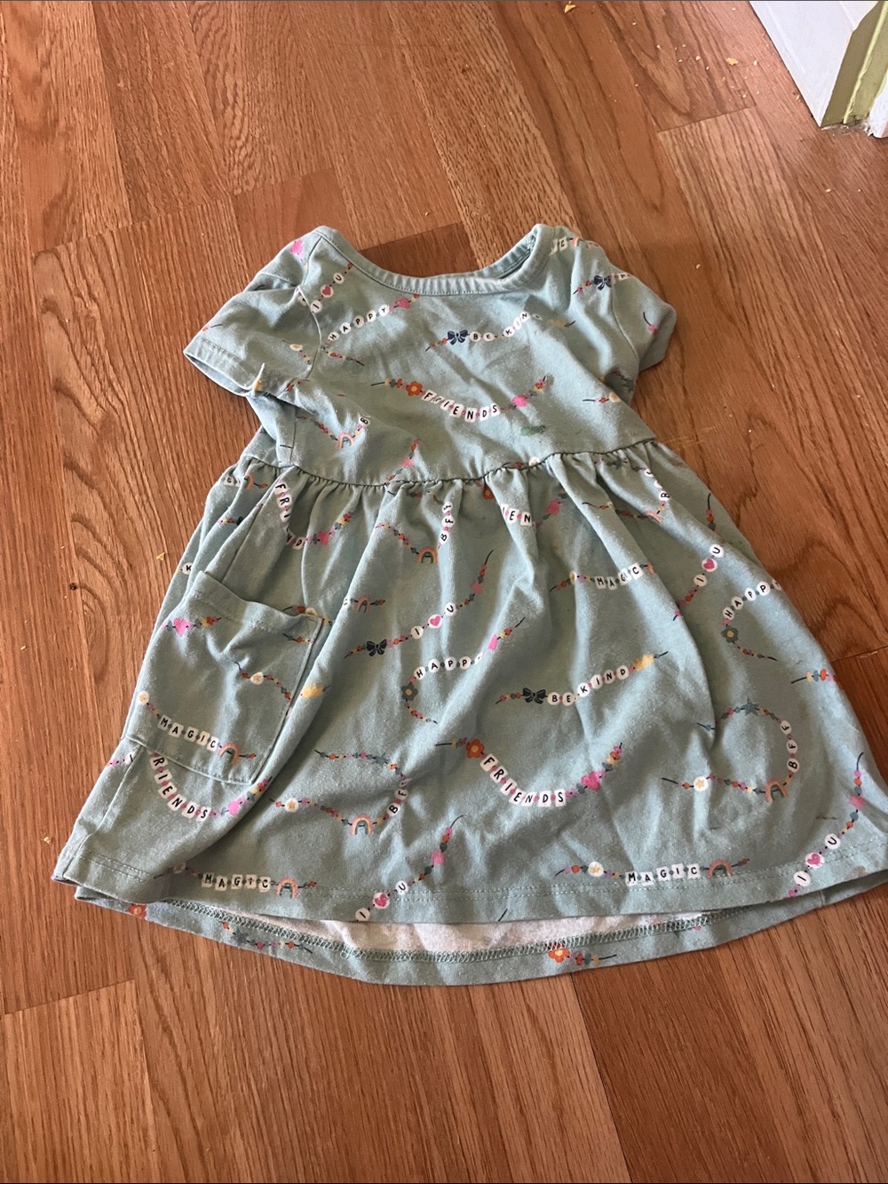 Girls' Green Pocket Dress with Bead Chain Print
